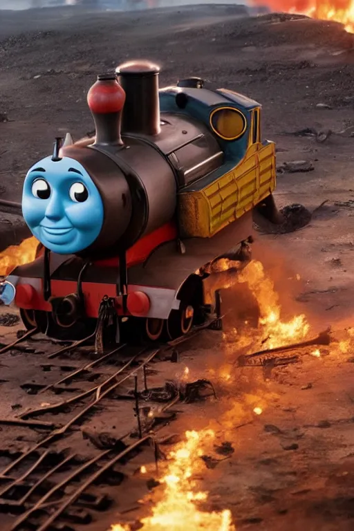 Image similar to Thomas the Tank Engine in the fiery Wasteland of MAD MAX: FURY ROAD