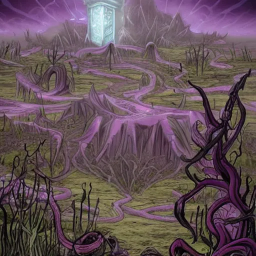 Image similar to purple magic, diseased sickness, taint infection, corruption spread, eldritch flux, wild plants, mutation, haunting desolation, post apocalyptic, abandoned city