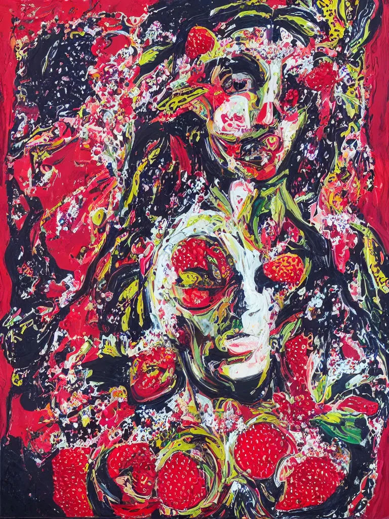 Prompt: “art in an Australian artist’s apartment, portrait of a woman wearing white cotton cloth, eating luscious fresh raspberries and strawberries and blueberries, edible flowers, black background, aboriginal Dreamtime, Eora, Gadigal, intricate, bold colour, acrylic and spray paint and wax and oilstick on canvas”