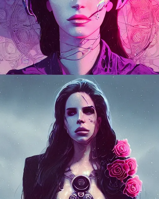 Image similar to portrait of lana del rey as a cyberpunk cyborg. roses, sci - fi, missing panels, intricate abstract, upper body, intricate artwork, by tooth wu, wlop, beeple, dan mumford. concept art, 8 k octane render, deviantart, greg rutkowski, cinematic, key art, hyperrealism, iridescent accents