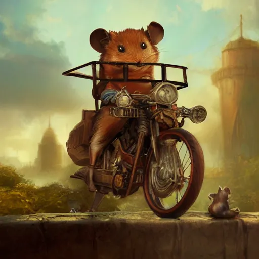 Image similar to oil painting of steampunk hamster riding on duck, steampunk city background, sharp focus, fantasy style, octane render, volumetric lighting, 8k high definition, by greg rutkowski, highly detailed, trending on art Station, explosions, magic the gathering artwork, centered