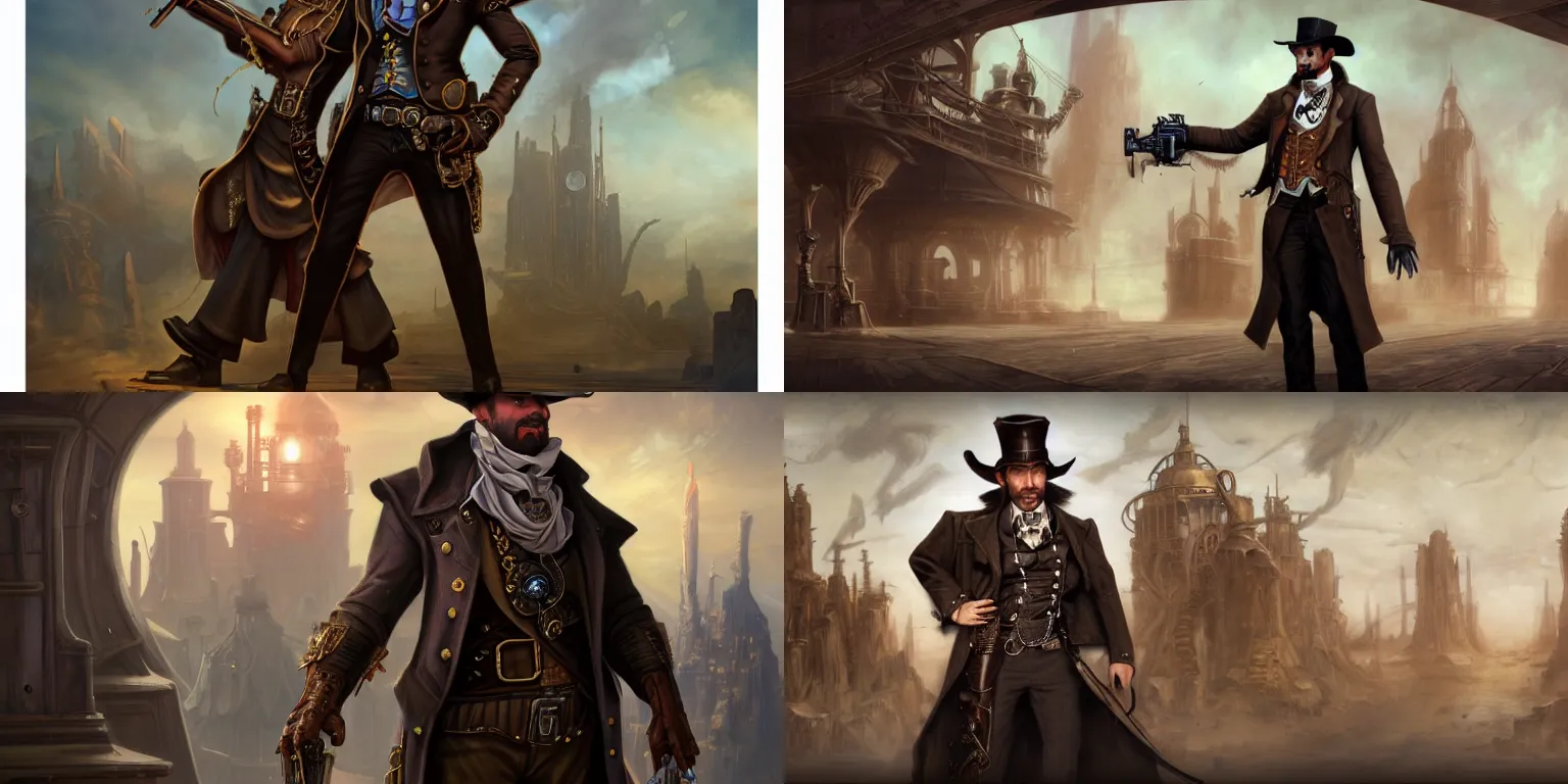 Prompt: full-length portrait of a noble gunslinger gentleman in hat in the center, holding arms on holsters , matte painting of steampunk spaceship on background, by tyler edlin and lindsey look, victorian, concept art, steam romance, steam-punk, detailed, 4k resolution, trending on artstation