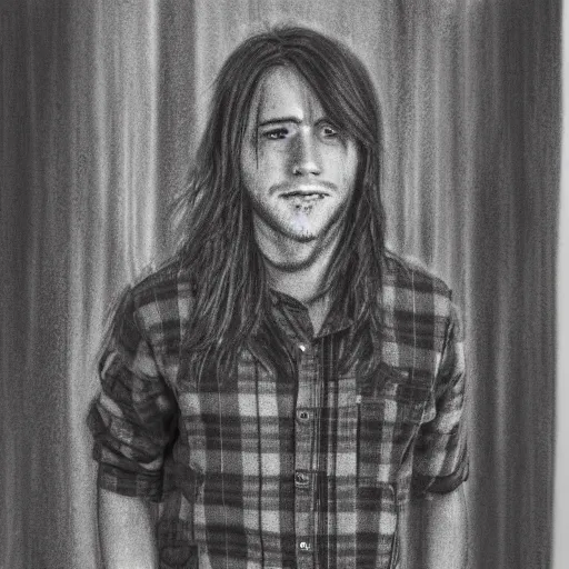 Prompt: professional pencil sketch of a young adult man with slightly long hair wearing a black flannel shirt and dark sweatpants, high quality, HD, 8K, highly detailed, award-winning