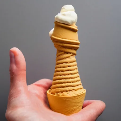 Prompt: a human hand sculpted from ice cream with a cone for an arm