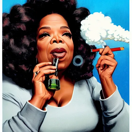 Prompt: Oprah Winfrey smoking a massive bong, exhaling smoke from her mouth. art by Gil Elvgren and Fernanda Suarez and Greg Manchess and Sachin Teng