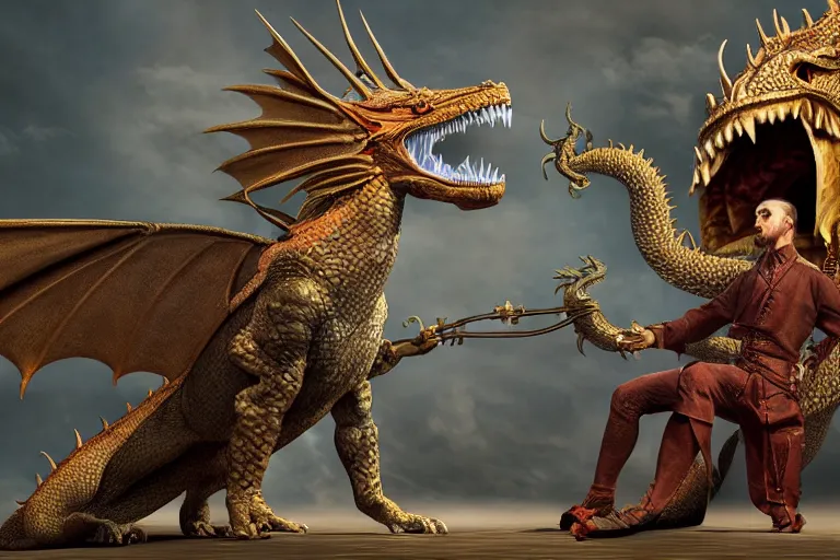 Prompt: a man in a costume next to a dragon, a detailed matte painting by li chevalier, zbrush central contest winner, cloisonnism, reimagined by industrial light and magic, daz 3 d, behance hd