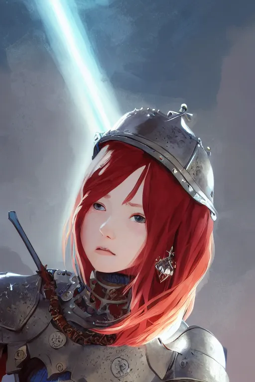 Prompt: highly detailed portrait of a young knight girl with a wavy vibrant red hair, knight silver armour, blue eyes, cute freckles, cinematic lighting, rays of light, dramatic atmosphere, by Dustin Nguyen, Akihiko Yoshida, Greg Tocchini, Greg Rutkowski, Cliff Chiang, 4k resolution, nier:automata inspired, bravely default inspired, magical medieval castle background