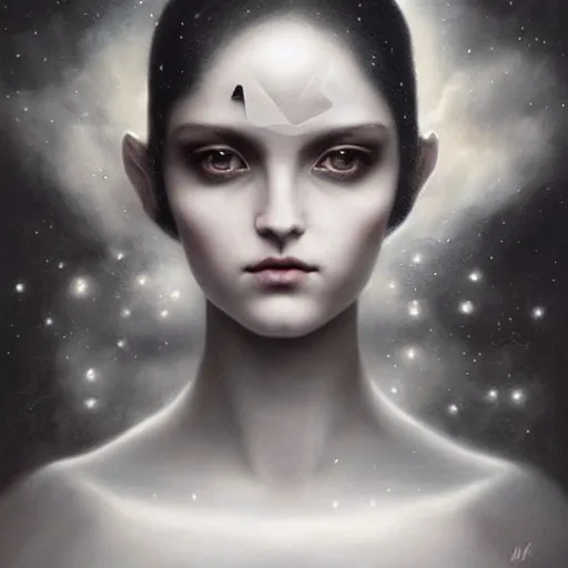 Image similar to By Tom Bagshaw, ultra realist soft painting of magical universe by night, Lilipuff, symmetry accurate features, very intricate details, ominous sky, black and white, volumetric light clouds