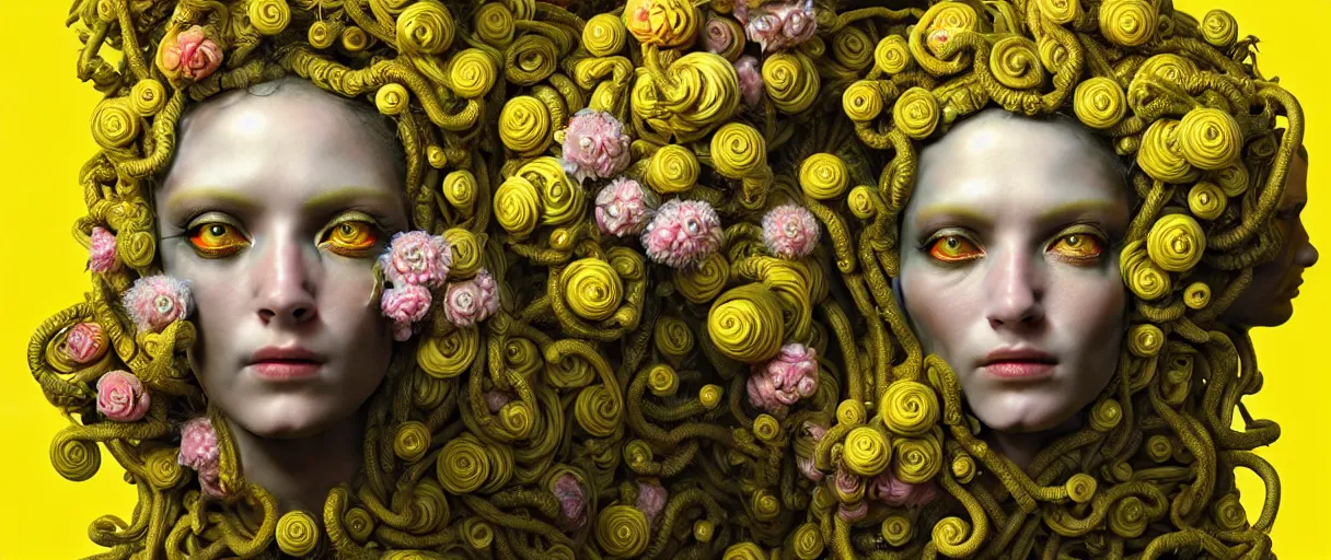 Image similar to hyperrealistic hyper detailed neo-surreal 35mm portrait of rococo cyborg medusa with multiple heads covered in flowers matte painting concept art hannah yata dali very dramatic yellow lighting low angle hd 8k sharp shallow depth of field