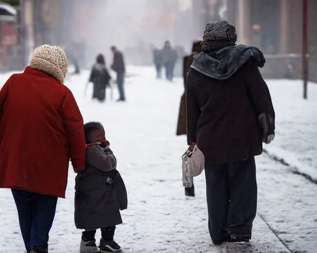 Image similar to there's an infant clinging to his overweight mother in the cold as they go to shop for cigarettes, portra 4 0 0 candid photograph portrait by annie leibovitz, humans of new york, 3 5 mm macro shot, f / 3 2, hyperrealistic, cinematic lighting, hd wallpaper, 8 k, 4 k