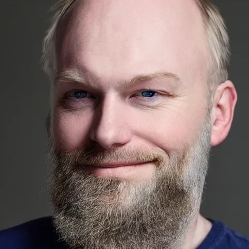 Prompt: photograph of a balding, bearded middle aged blond man, with dark blue eyes, and very pale skin