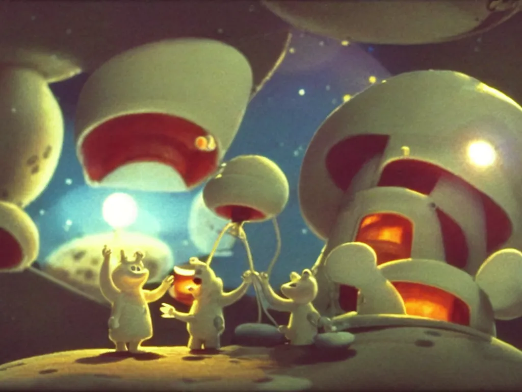 Image similar to moomins in space suits flying around with jetpacks discovering the mushroom planet, photorealistic painting, cgi, low volumetric light, movie still, very cute and cozy and fluffy and sweet