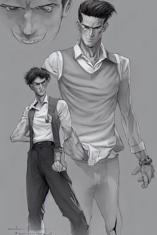 Prompt: an angry skinny young man with a pompadour pouting in a white sweater vest, an empty polo field, concept art, dc comics, moebius and artgerm, 8 k