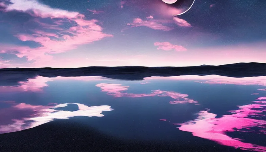 Image similar to solar eclipse in iceland, black sand, pink clouds, blue sky, water reflection, jessica rossier, art station