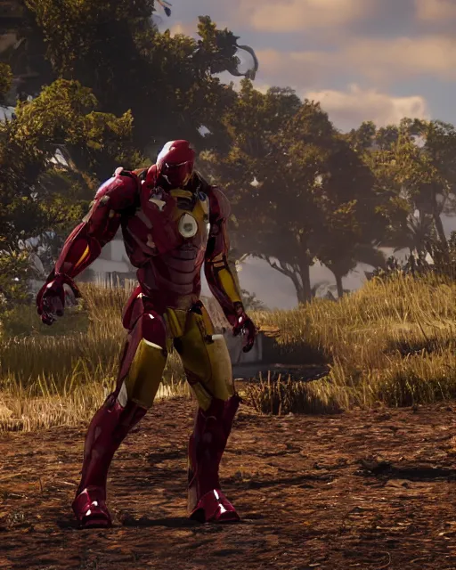 Image similar to robust and bulky iron man suit in red dead redemption 2, cinematic, photorealistic