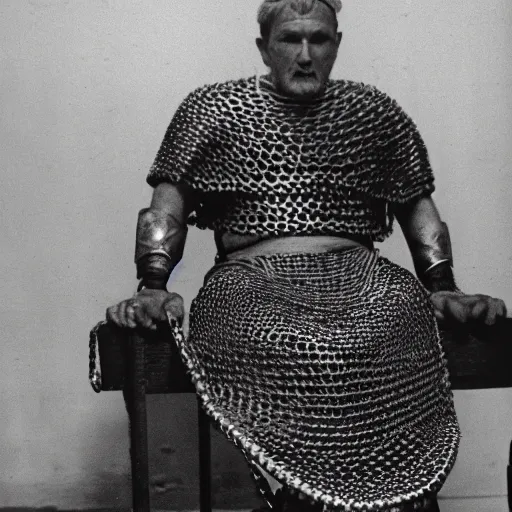 Image similar to a man wearing full chainmail, sitting in waitin room, film still