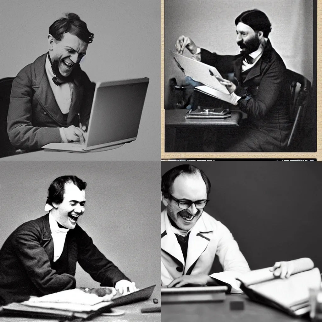 Prompt: A strategy consultant using his brain and laptop to lead companies to great success, he is laughing Maniacally, HAHAHAHA. 1800s style