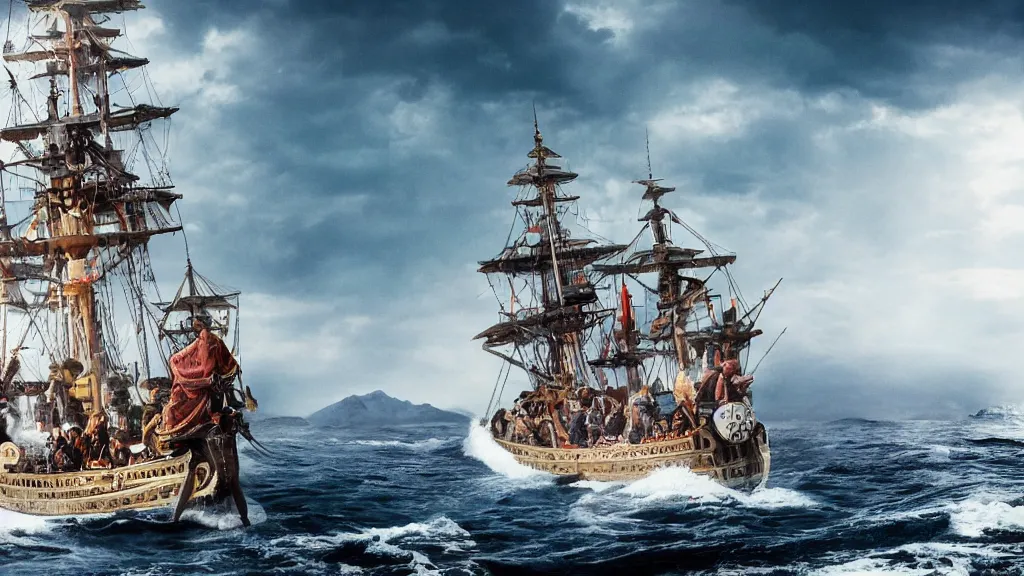 Image similar to Epic shot from a feature film depicting the arrival of the first Portuguese explorers to Japan, 4k