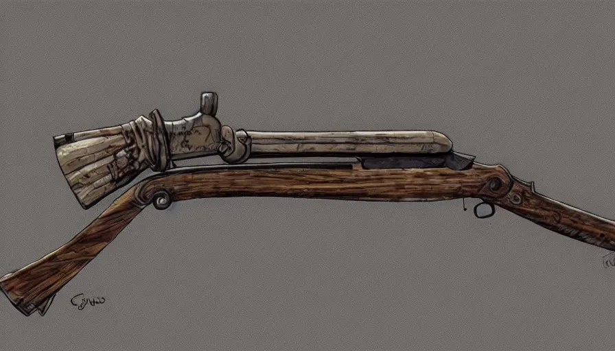 Image similar to Digital drawing of a muzzleloaded flintlock AK47 from the site grabAgun, gunbroker, white background, firearms, professional gunsmithing, top down drawing, gun auction, 4k. high quality, concept art, art by Jean Giraud and Shirow Masamune, reference, postapocalyptic