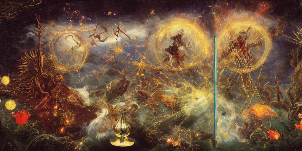 Prompt: magical tarot cards floating in the midst of magical explosions, intricate details, epic scale, 8 k, sharp focus, hyperrealism, very realistic, by caspar friedrich, albert bierstadt, james gurney, brian froud,