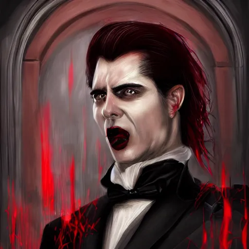 Prompt: a classical vampire, male, late - 4 0 s aged, long, slicked black hair, clean shaven, dressed in red and black, regal, grim facial expression, high fantasy, full color digital art, cinematic shot, full body shot, concept art.