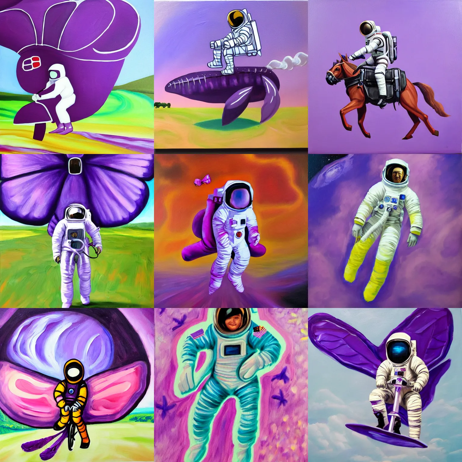 Prompt: an astronaut riding on the back of a giant purple butterfly, oil painting