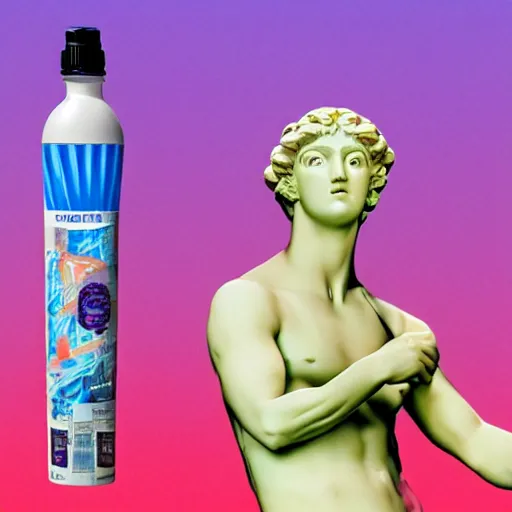 Image similar to a greek statue drinking fiji water, vaporwave background