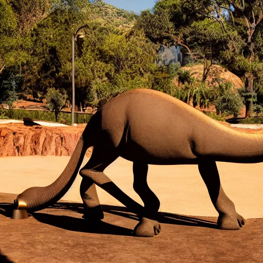 Prompt: photograph of a real brontosaurus, san diego zoo, tourists, high definition, slr, photo realism, golden hour, detailed skin, 4 k