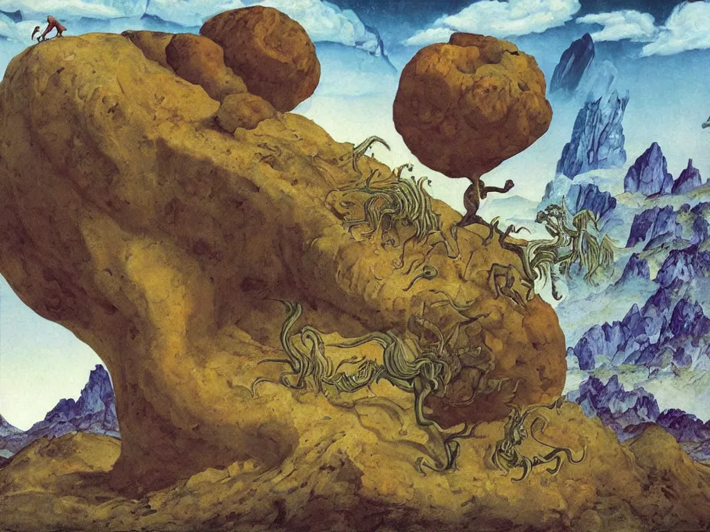 Image similar to Man pushing a giant strange jagged boulder on an alien planet. Unicorn with flower field, icy mountains, comet. Painting by Lucas Cranach, Roger Dean