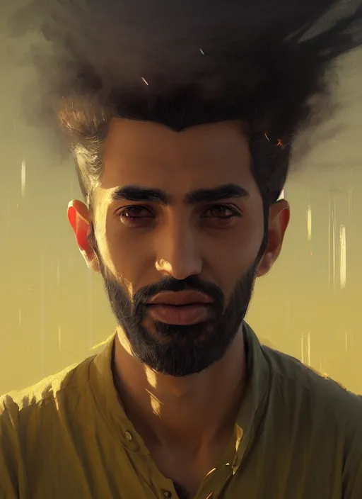 Image similar to highly detailed portrait arab man modern, hero, yellow charcoal, stephen bliss, 8 k, unreal engine, fantasy art by greg rutkowski, loish, rhads, ferdinand knab, makoto shinkai and lois van baarle, ilya kuvshinov, rossdraws, tom bagshaw, global illumination, radiant light, detailed and intricate environment