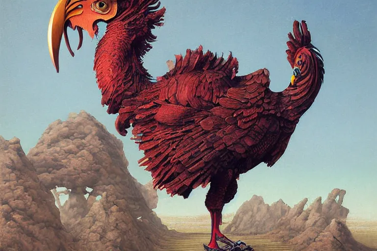 Image similar to digital painting of a gigantic mechanical rooster with beak and talons, by wayne barlowe and bob pepper, dieselpunk, highly detailed, intricate, sharp focus, portrait, talons, anatomy, studio ghibli color scheme, tarot card