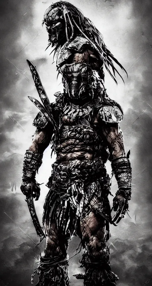 Image similar to movie ( predator vs samurai ) film poster art for hiroyuki sanada as samurai verses predator. in the style of ansel adams, frank frazzetta, realistic, detailed, octane