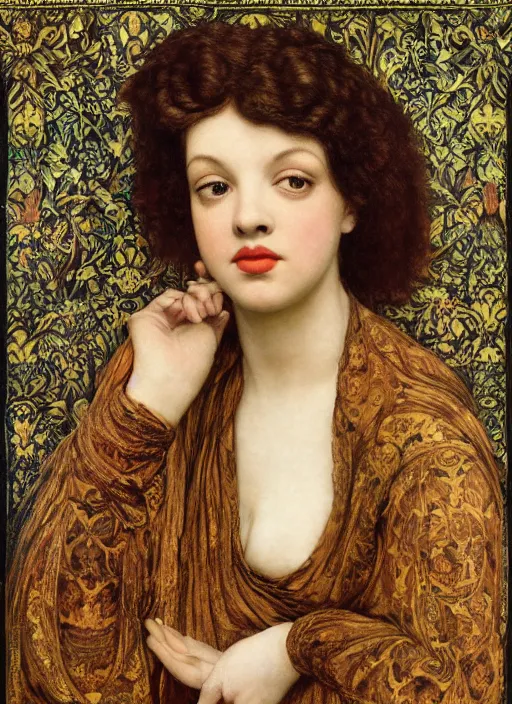 Prompt: masterpiece of intricately detailed preraphaelite photography portrait hybrid of judy garland aged 3 0 and a hybrid of rhianna and amanda seyfried, sat down in train aile, inside a beautiful underwater train to atlantis, betty page fringe, medieval dress yellow ochre, by william morris ford madox brown william powell frith frederic leighton john william waterhouse hildebrandt