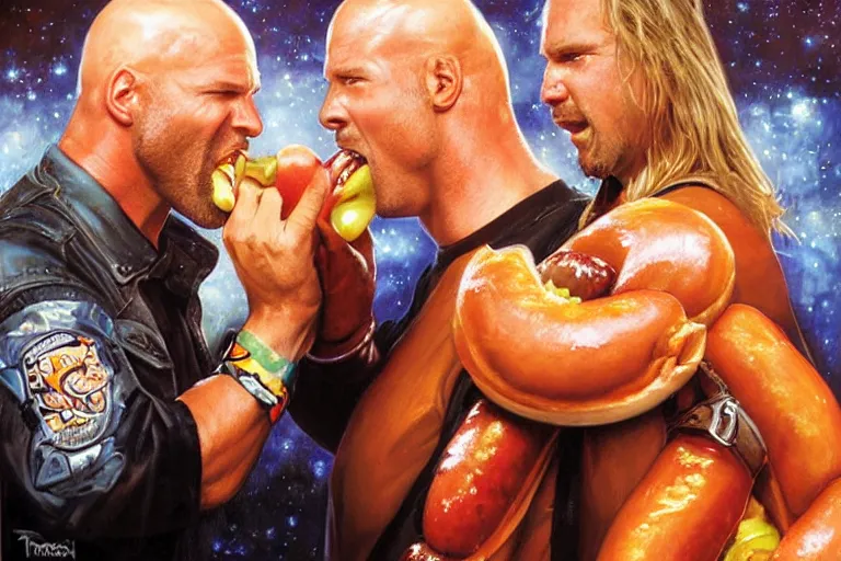 Image similar to portrait of wwf shawn michaels and wwf steve austin sharing hotdogs, an oil painting by ross tran and thomas kincade