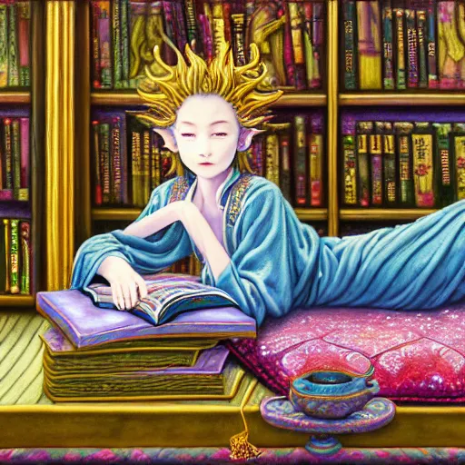 Prompt: a detailed fantasy pastel painting of a young wizard in ornate clothing lounging on a purpur pillow on the marble floor in front of her bookcase, studying an ancient tome. to the side is a potted plant and some blue candles. ancient oriental retrofuturistic setting. 4 k key art in the style yoshitaka amano. anatomically correct