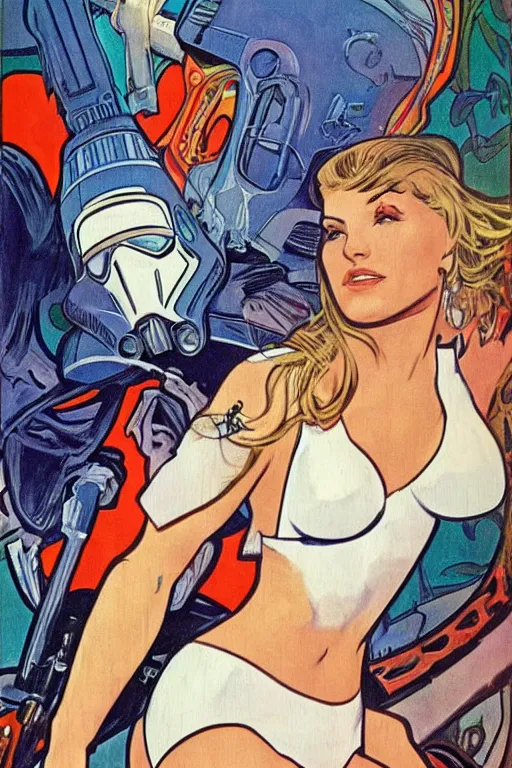 Image similar to female in white bikini with tattoos and stormtrooper helmet, well composed, clean elegant painting, beautiful detailed face. 6 0 s style advertising, comic book art by steve ditko and jack kirby and ( alphonse mucha )