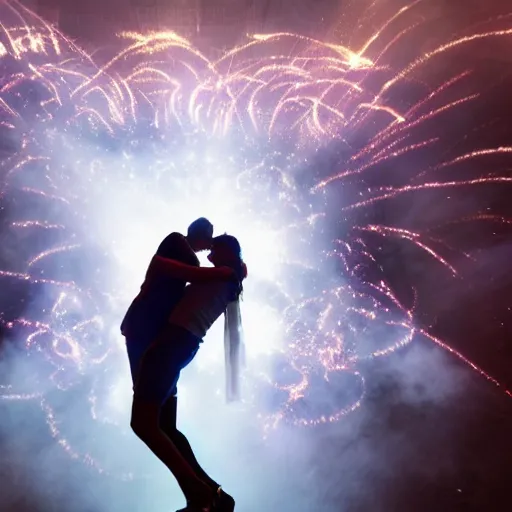 Image similar to love, giant group diverse bodies, smoke lasers, darkness, from behind, rebirth rituals, wide angle, elaborate, smoke, highly detailed, beautiful lighting