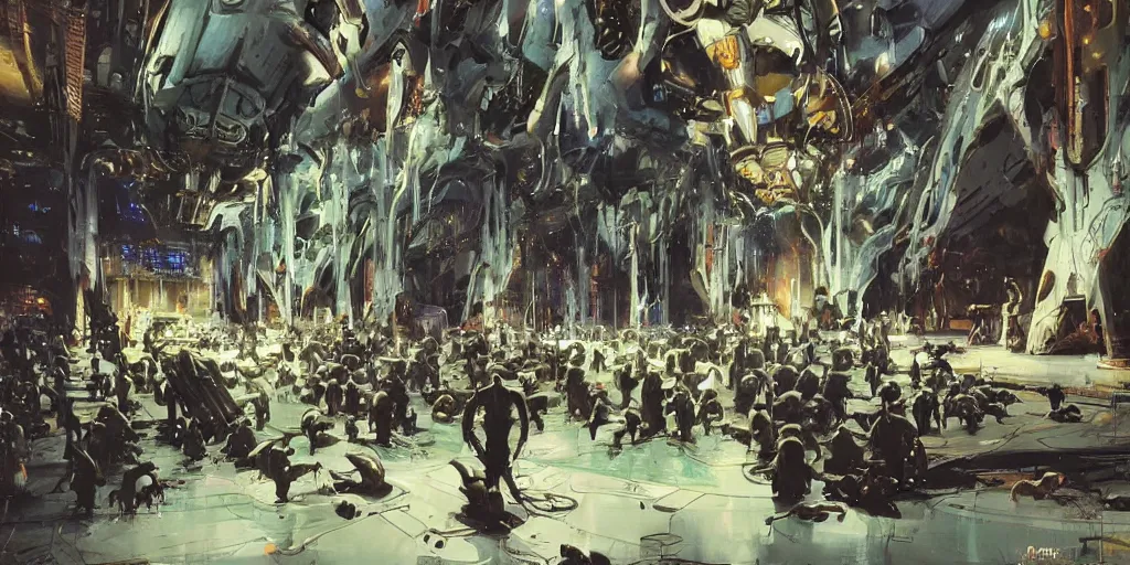 Prompt: aliens praying in a futuristic church surrounded by cows, concept art by Ralph McQuarrie, by John Berkey, oil on canvas, highly detailed, science fiction