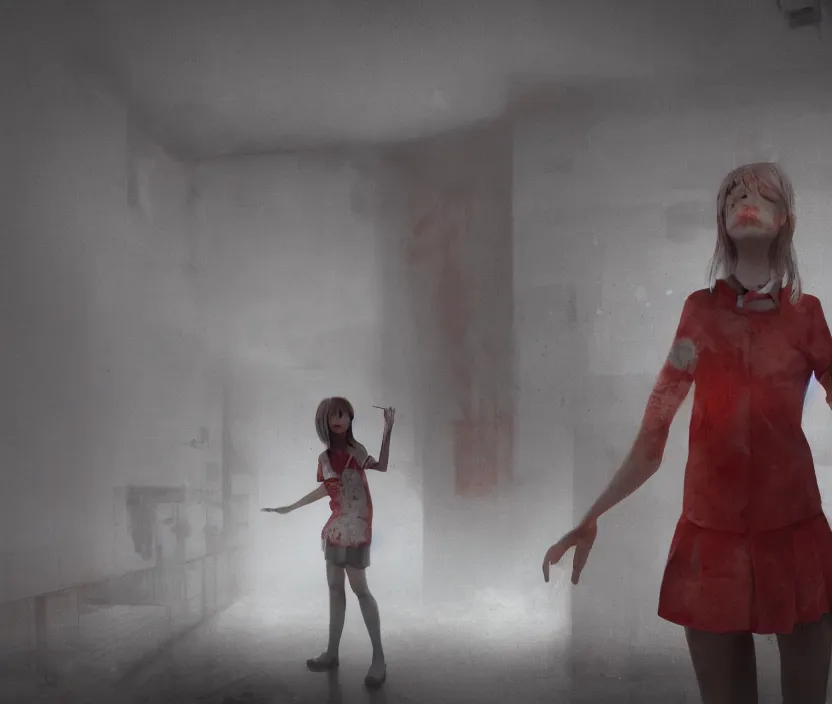 Image similar to School girl standing on an abandoned hospital room with red ceiling lighting, gloomy and foggy atmosphere, octane render, artstation trending, horror scene, highly detailded