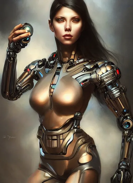 Prompt: a beautiful woman with cybernetic muscles, painted by artgerm and tom bagshaw, fantasy art, dramatic lighting, highly detailed oil painting