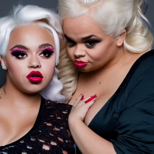 Prompt: photo of doja cat & trisha paytas whispering to each other and giggling while they look at the camera, , intricately detailed, dslr, 85mm pentax, f/1.3, award winning