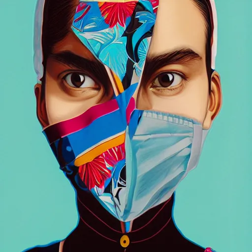 Image similar to Fashion weak portrait of people with sanitary mask, Tristan Eaton, artgerm, Victo Ngai, RHADS, ross draws