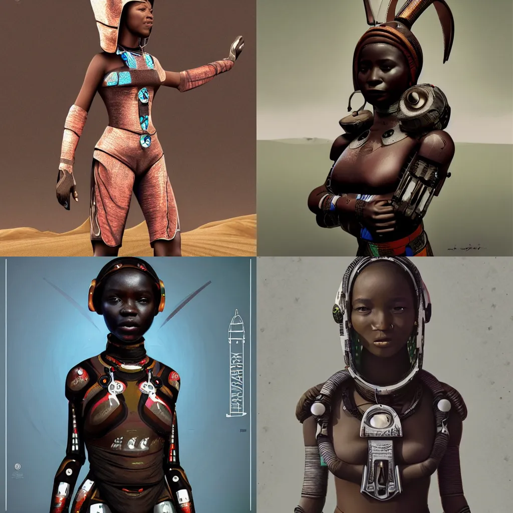 Prompt: beautiful futuristic himba woman wearing otjize and a spacesuit, robotic arms, weightless in space, hyperrealistic, scifi, concept art, digital art, portrait, dark, muted colors