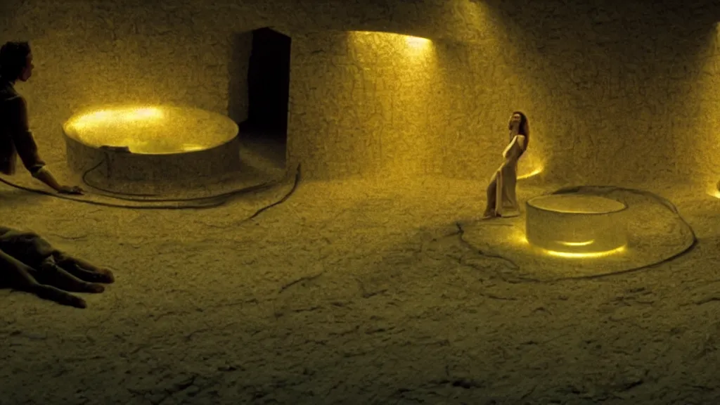 Prompt: glowing oil, in a giant vat, film still from the movie directed by denis villeneuve and david cronenberg with art direction by salvador dali and dr. seuss