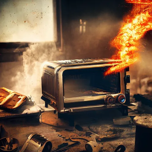 Image similar to cyborg with toaster oven chest, dark messy smoke - filled cluttered workshop, dark, dramatic lighting, orange tint, sparks, cinematic, highly detailed, sci - fi, futuristic, movie still