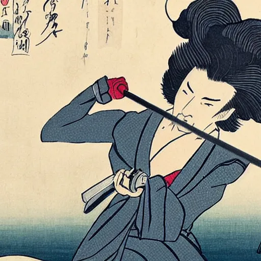 Prompt: Harry Styles fighting Beyoncé with a katana sword, in the style of Hokusai