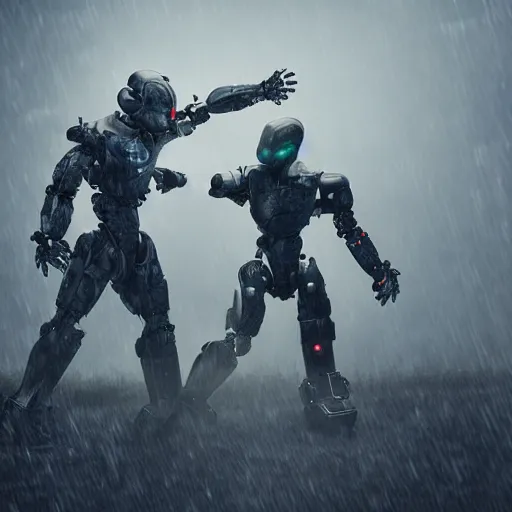 Image similar to 2 robot warriors battling each other in heavy rain, ground fog, lighting, moody lighting, 8 k, shallow depth of field, cinematic lighting,