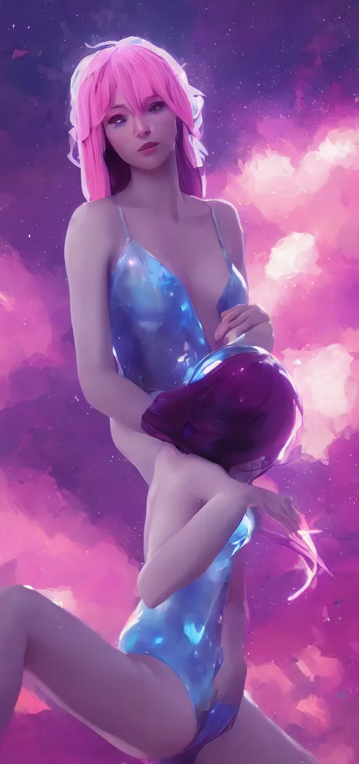 Image similar to beautiful woman floating in space peacefully, crystallized bodysuit, pinks blue an purples, extra long hair, full body, wojtek fus, by Makoto Shinkai and Ilya Kuvshinov,