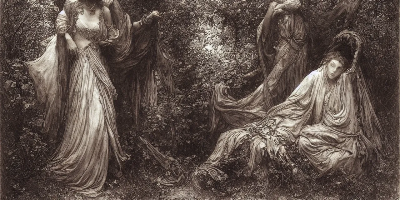 Image similar to the vanishing of ethan carter by gustave dore, james ryman, alphonse mucha. deep rich color