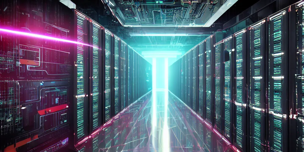 Prompt: retro robot in data center server palace high details shot cyberpunk retrowave shot from michael bay movie